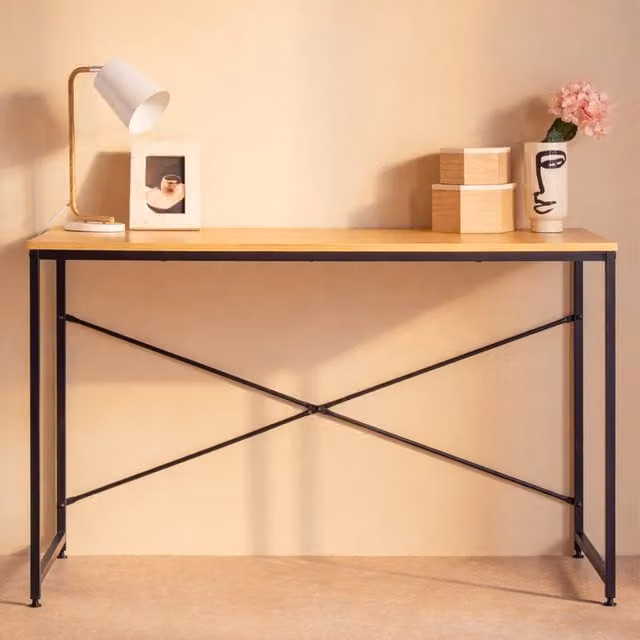 Orsina Modern Writing Desk in Oak Effect with Black and Yellow X-Frame Design