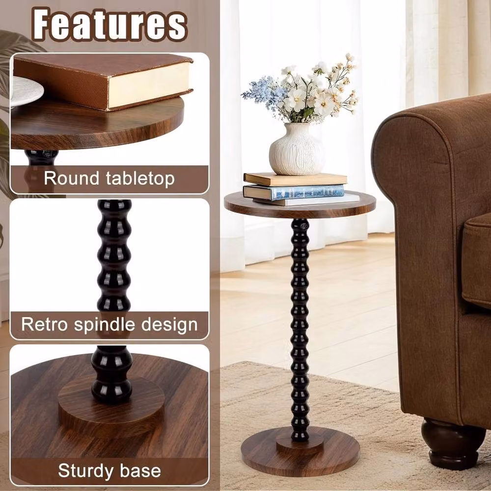 FORGEVIO Small Round Retro Wood Side Coffee Table in Black and Brown – 3