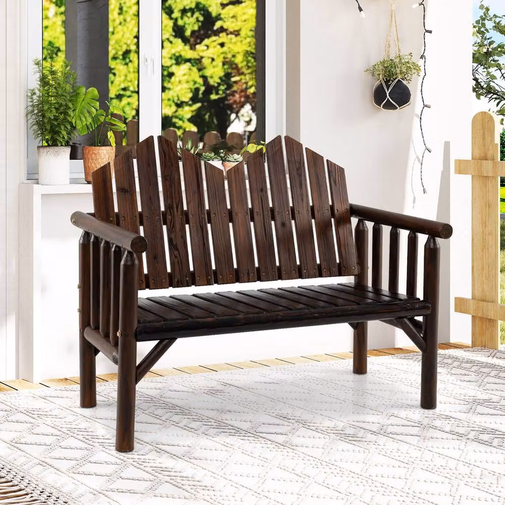 Costway 2-Seater Solid Pine Wood Patio Bench Loveseat with Inclined Backrest in Brown – 2