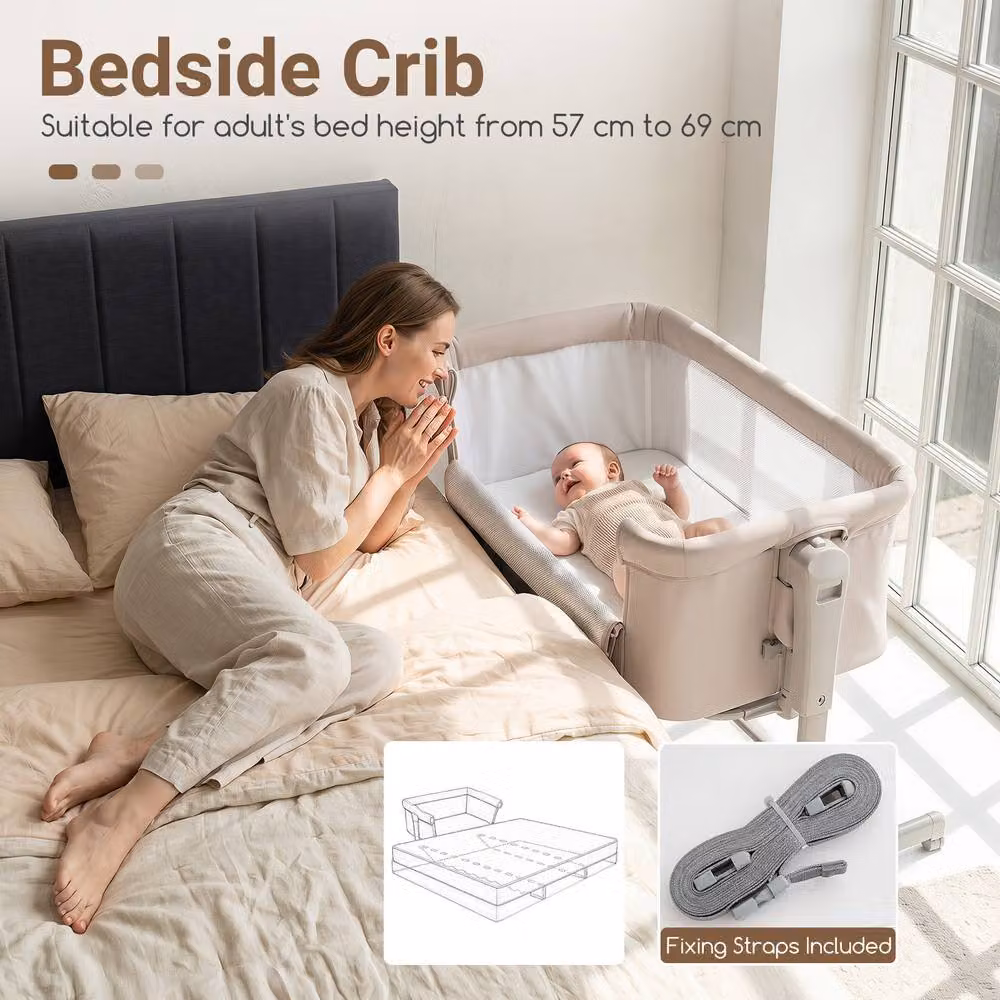 Costway 3-in-1 Height-Adjustable Baby Bedside Crib with Drop Side in Beige – 5