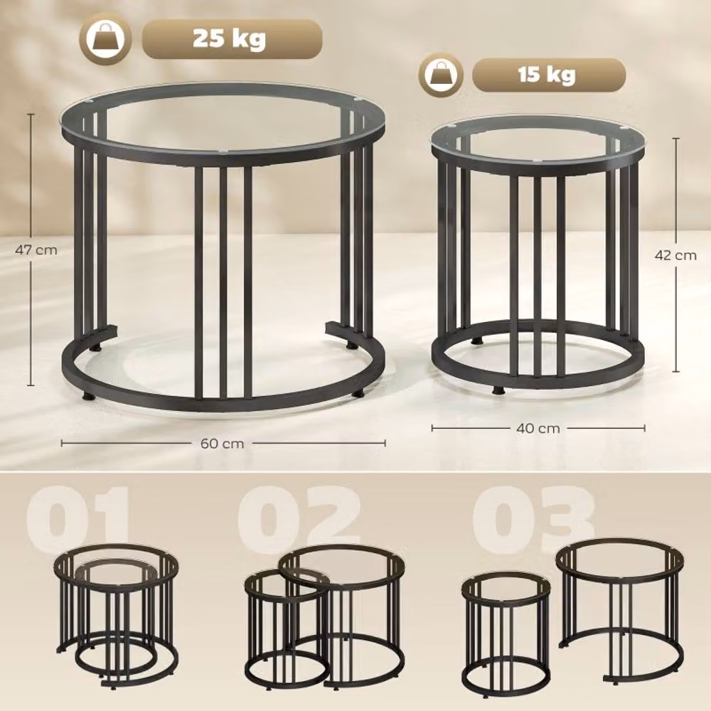 STILVORA Set of 2 Round Nesting Coffee Tables with Black Glass Tops – 4
