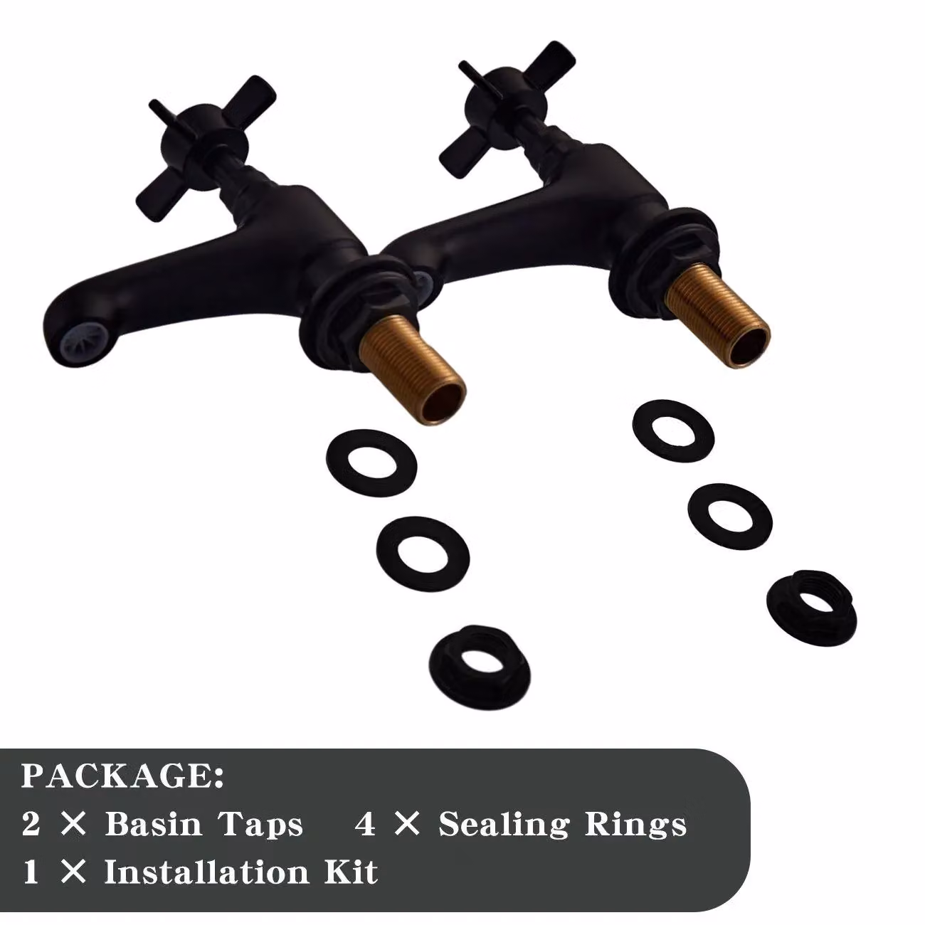 BATHWEST Pair of Matte Black Brass Basin Pillar Taps with Cross Head Handles – 5