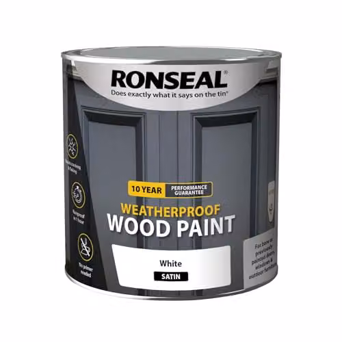 Ronseal 10 Year Weatherproof 2-in-1 Opaque Wood Paint, White Satin, 2.5 Litre – 2