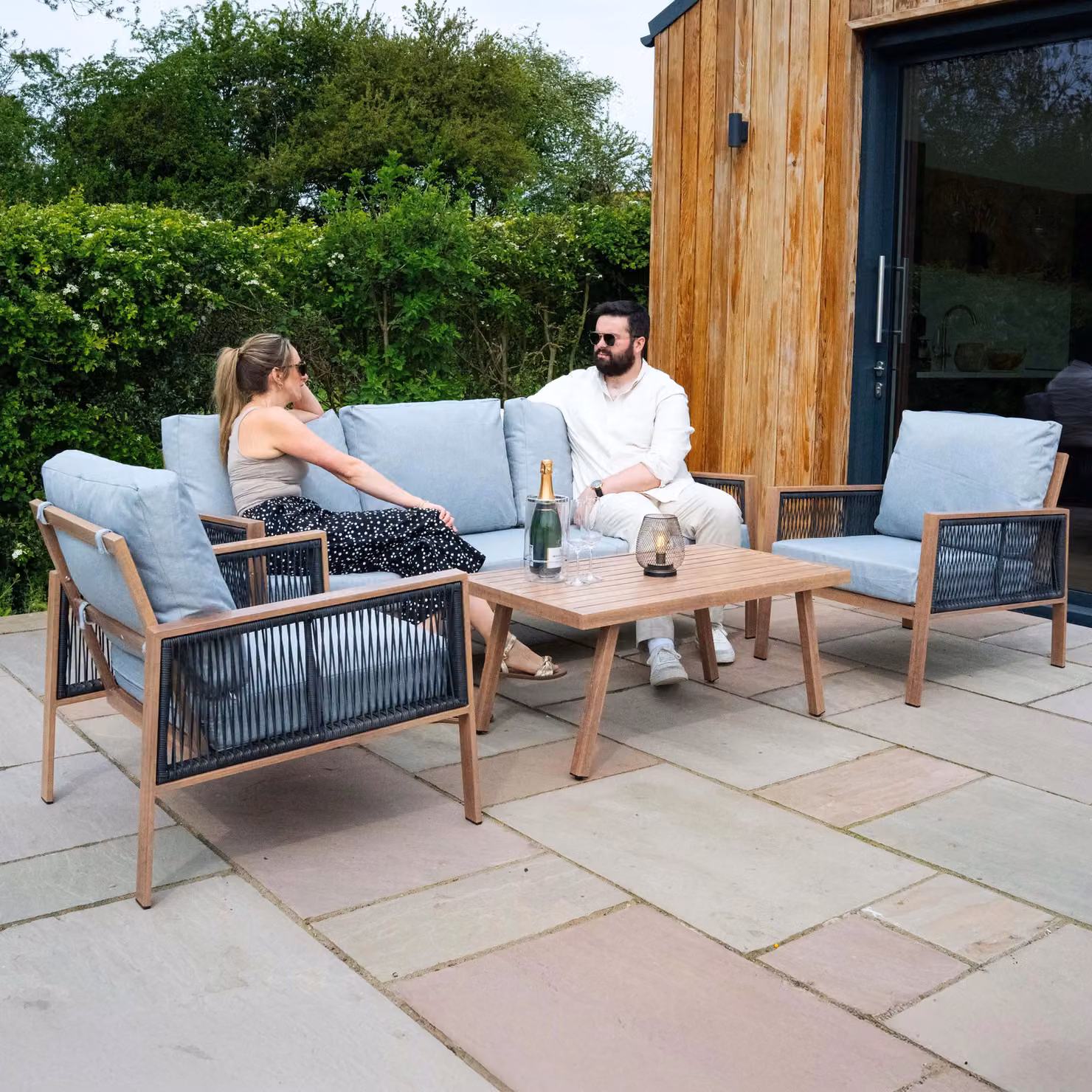 Monstershop 4 Piece Garden Furniture Set with Wood Effect Aluminium Frame, Black Rattan Storage Box and Grey Upholstered Cushions – 3