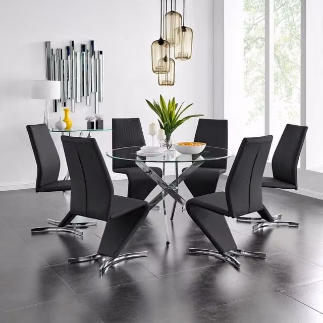 FurnitureboxUK Novara Chrome Metal and Glass Round Dining Table with 6 Black Willow Chairs, Diameter: 120 cm