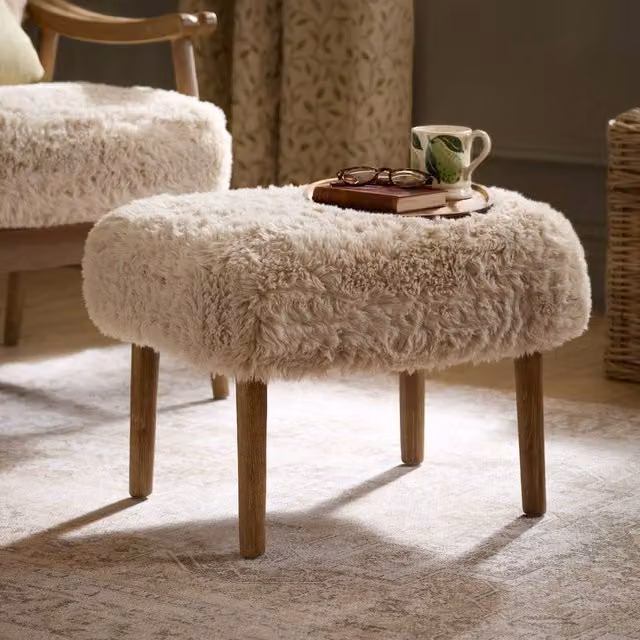 Voyage Maison Struan Faux Fur Footstool in Beige with Oak Wood Frame