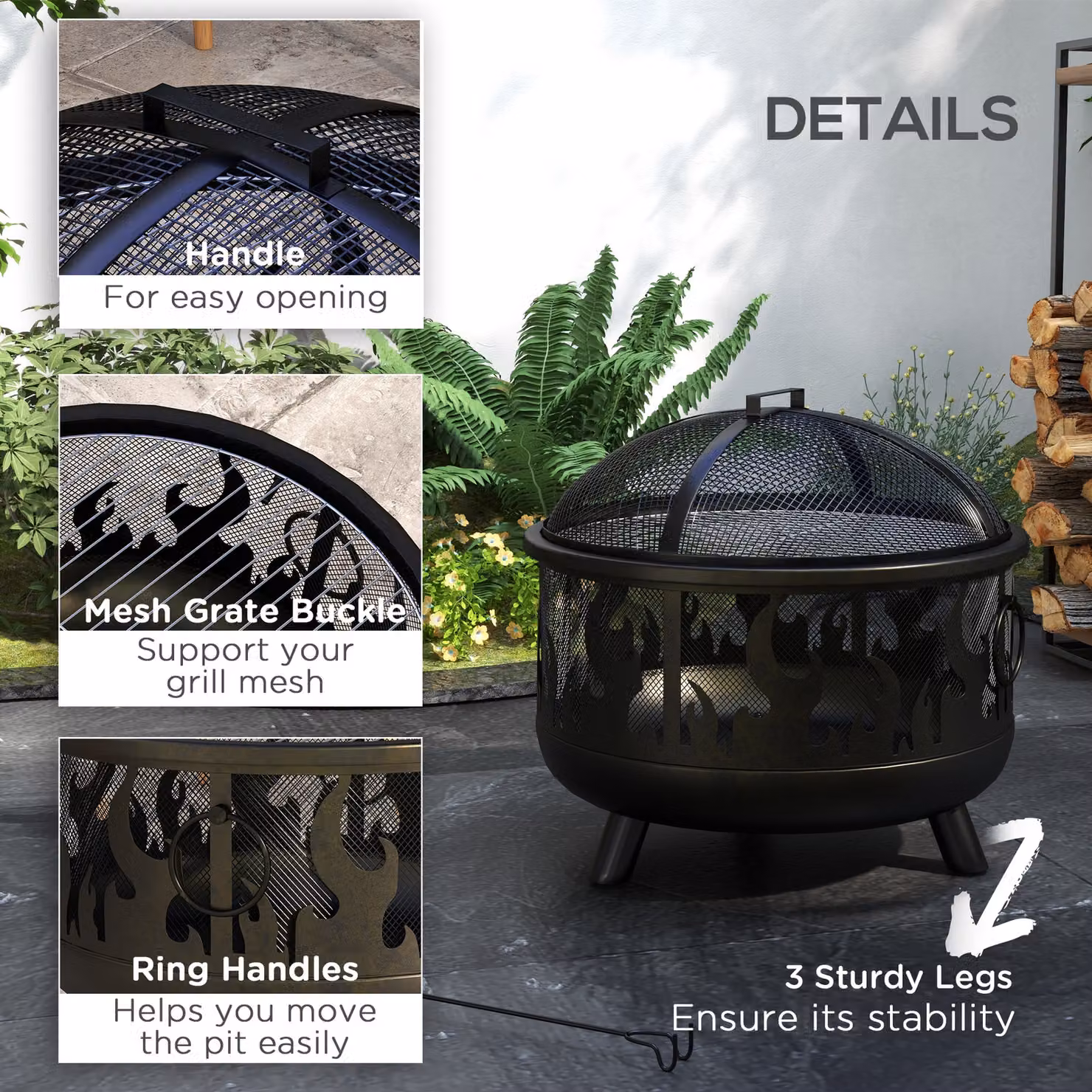 Outsunny 2-in-1 Metal Round Fire Pit Bowl with Lid and Grill in Black – 5