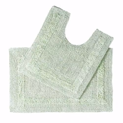 Homescapes Luxury 2 Piece Cotton Bath Mat and WC Pedestal Mat Set in Green