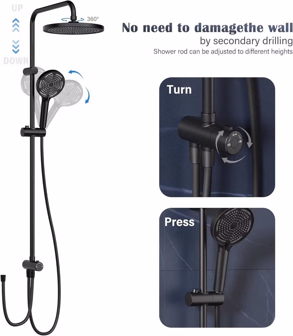 London Boutique Height Adjustable Rainfall Shower System with Overhead and Hand Shower in Matt Black – 2
