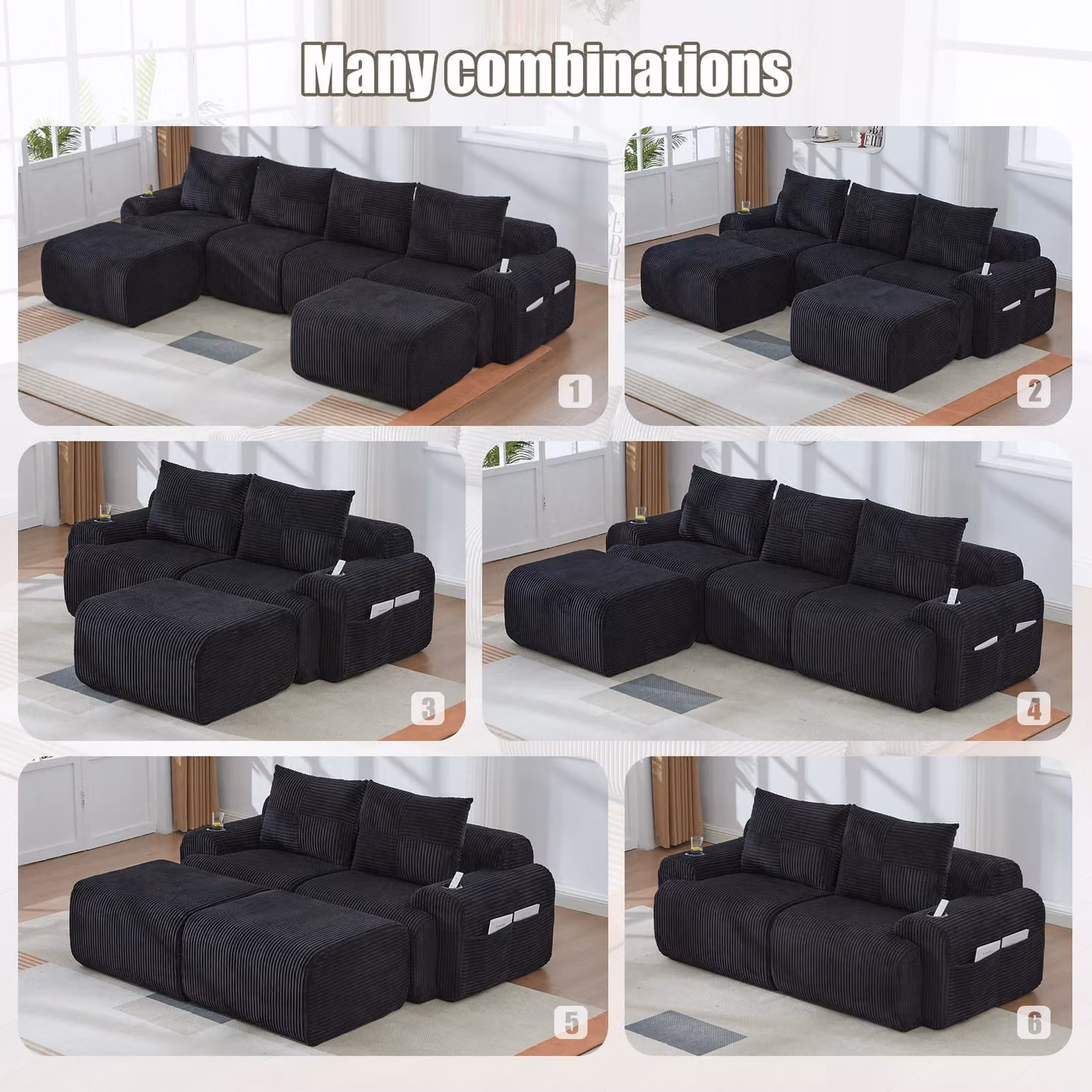 Aosom UK 4-Seater Modular Cord Fabric Sectional Sofa with 2 Ottomans and Integrated Cup Holders, Black, W: 333 cm, D: 174 cm, H: 80 cm – 3