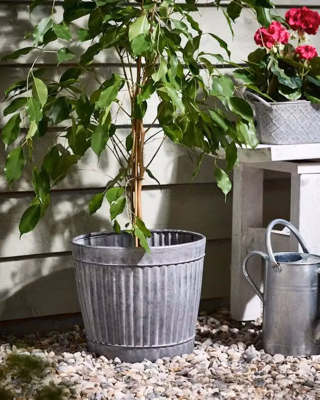 Dibor Large Ribbed Metal Flower Plant Pot Outdoor Garden Planter with Rope Handles, Grey, H 31 cm, Dia 27 cm – 4