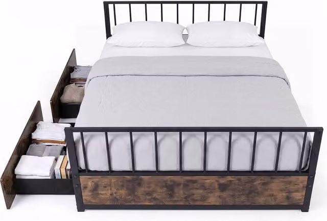 Gymax Industrial Metal Platform Bed Frame with 2 Drawers, Black, 140 x 200 cm