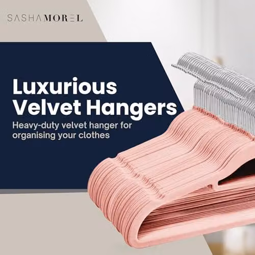 Sasha Morel 50 Pack Non-Slip Velvet Coat Hangers with Tie Organiser and Swivel Hooks, Pink – 2