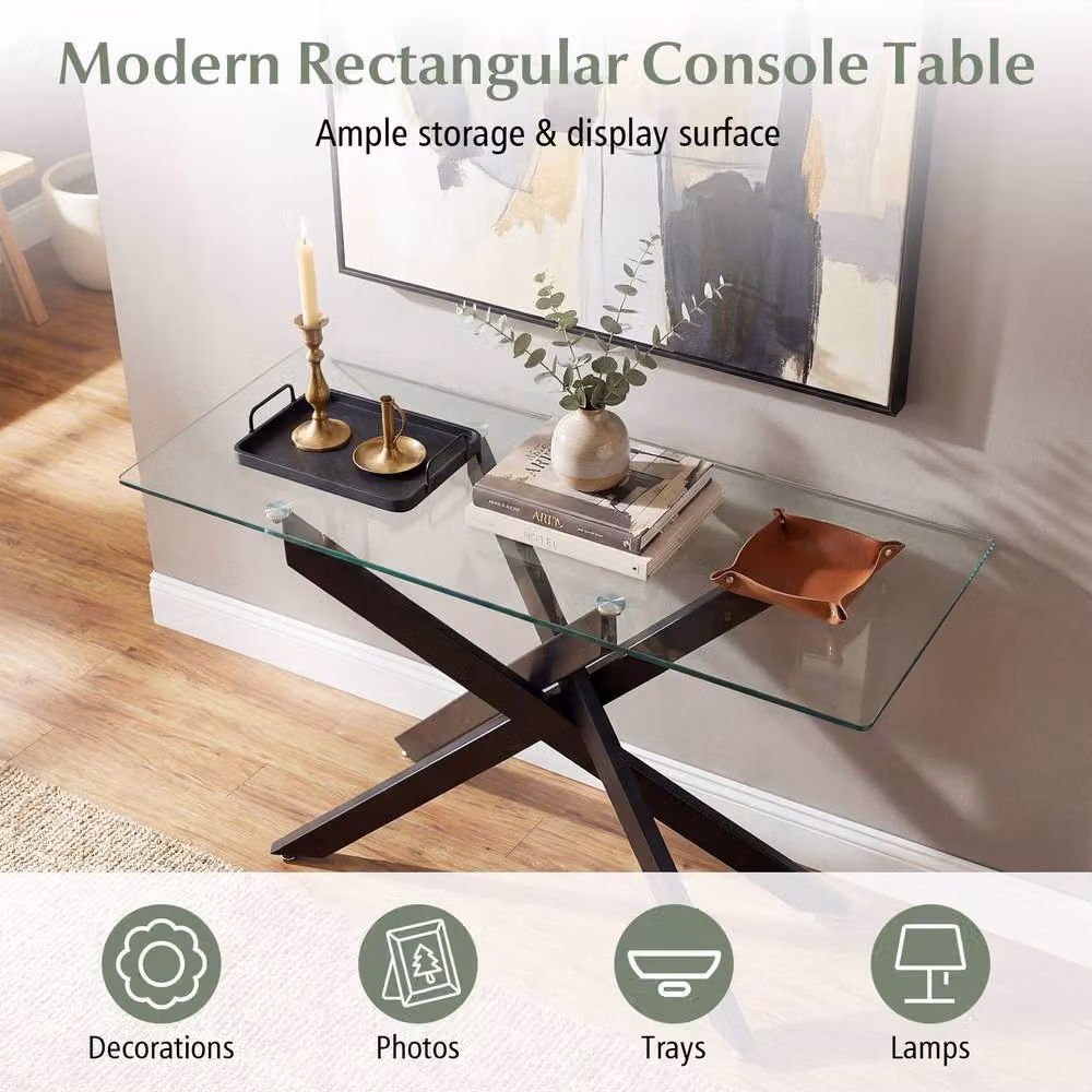 Costway Modern Glass Console Table with Black X-Frame and Clear Tempered Glass Top, Width: 115 cm – 3