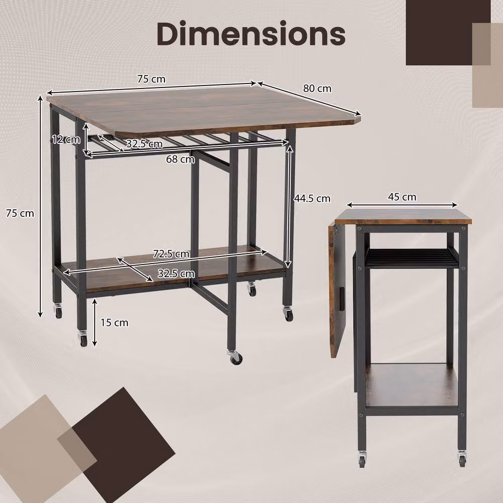 Gymax Expandable Industrial Dining Table with Wine Rack and Castors in Brown – 3