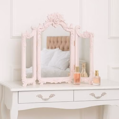 Melody Maison Small Pink Ornate Rose Triple Tabletop Mirror W/H: 37 x 38 cm
