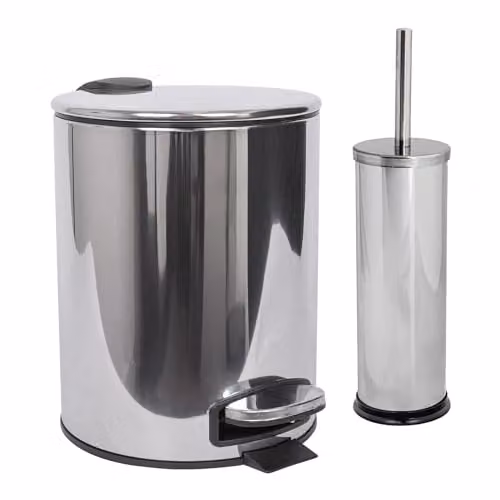 Harbour Housewares 5L Stainless Steel Pedal Bin and Toilet Brush Set in Silver, H 26.0 x W 22.5 x D 20.0 cm