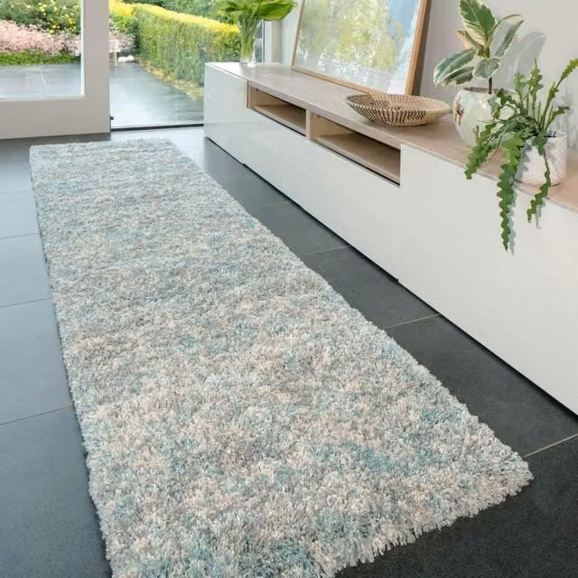 The Rug House Mottled Shaggy Area Rug in Duck Egg Blue, W: 240 cm, D: 60 cm