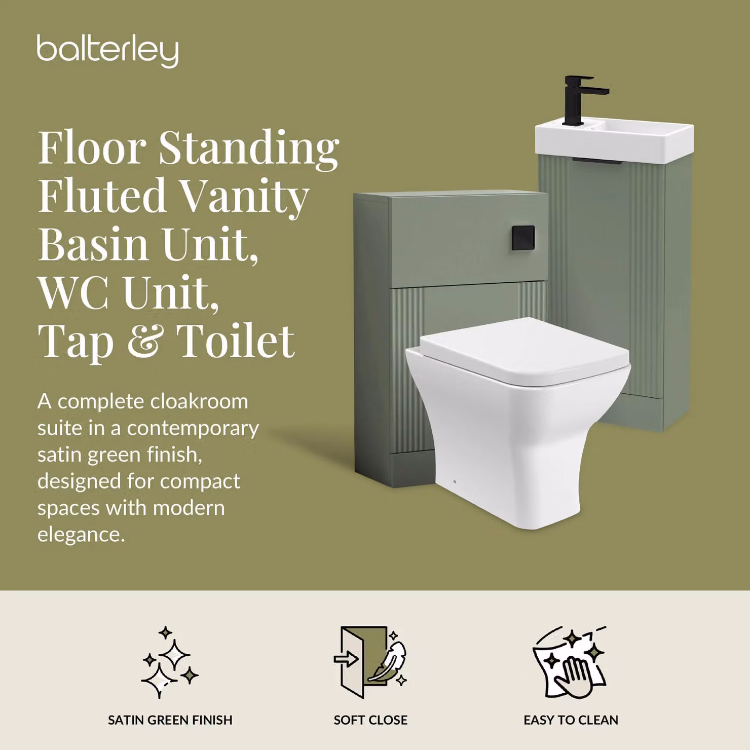 Balterley Fluted Cloakroom Suite with Wall Mounted Vanity, WC, and Tap Set in Matt Green and Black – 2