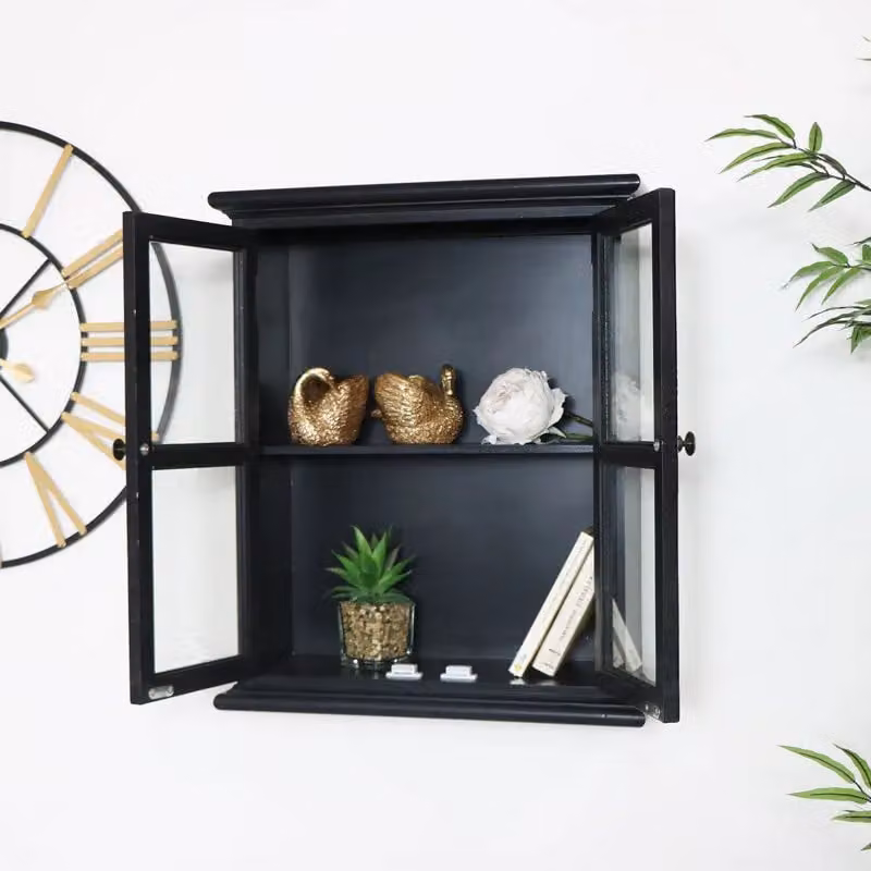 Melody Maison Rustic Black Wood and Glass Wall Mounted Cabinet with Glass Doors