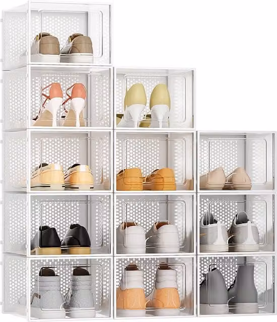 Livingandhome 12 Pack Stackable Clear Plastic Shoe Boxes, White, 36 cm