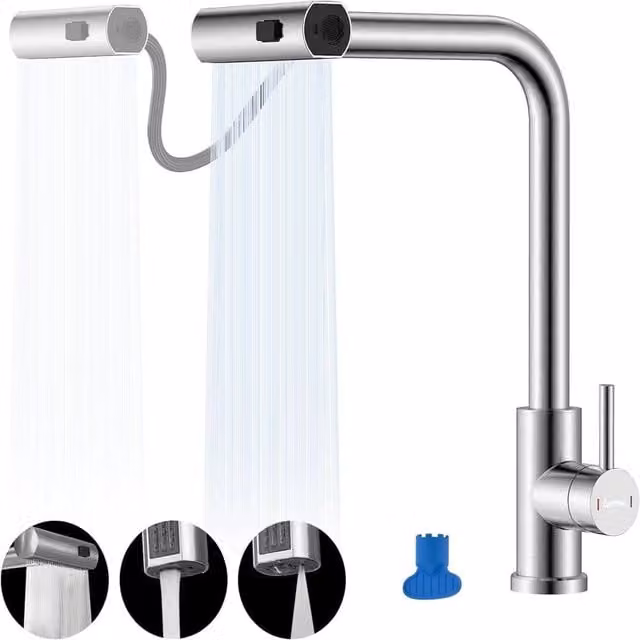 Dayone Brushed Stainless Steel Kitchen Mixer Tap with Pull Out Spray in Silver – 1