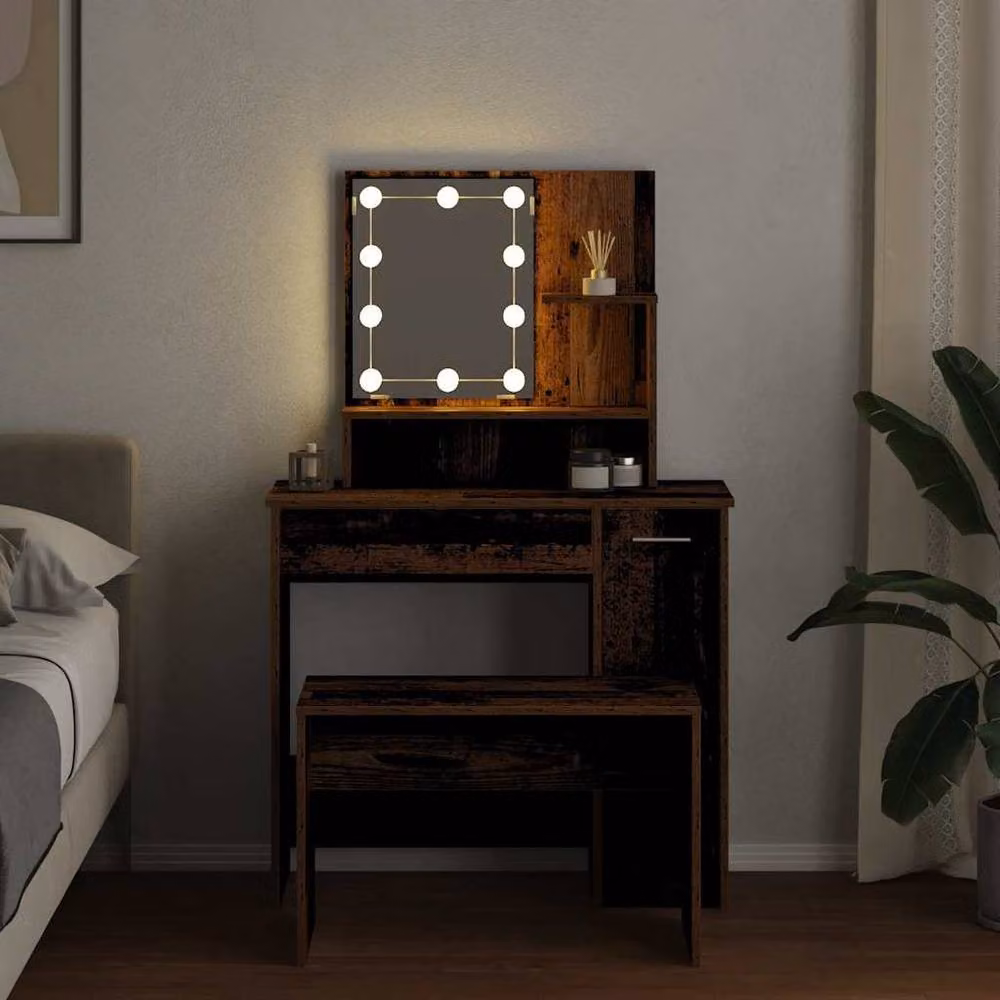 Berkfield Home Beautiful Dressing Table Set with LED in Brown – 3