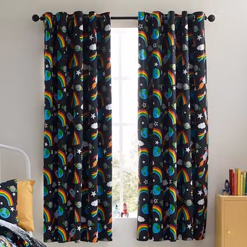 Catherine Lansfield Rainbow Rockets Fully Reversible Eyelet Curtains, Two Panels, Black and Multicolour, W: 168 cm, H: 183 cm – 2