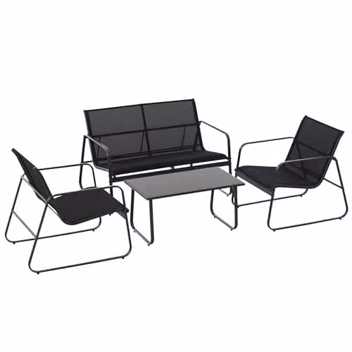 Outsunny 4 Piece Garden Furniture Set in Black with Upholstered Cushions, 2 Seater Sofa, Armchairs and Glass Top Coffee Table – 1