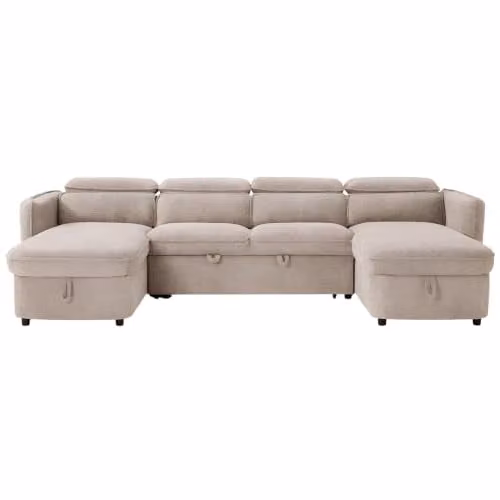 Beehive Furniture Corfu U-Shaped Corner Sofa Bed in Beige Upholstered Fabric with Reversible Pull Out Frame and Adjustable Headrests – 1