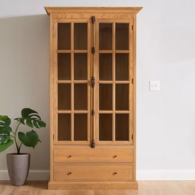 Orsina Rustic American Oak Storage Cabinet in Brown with Glass Doors and Internal Shelves, H: 124.0 x W: 106.0 x D: 230.0 cm