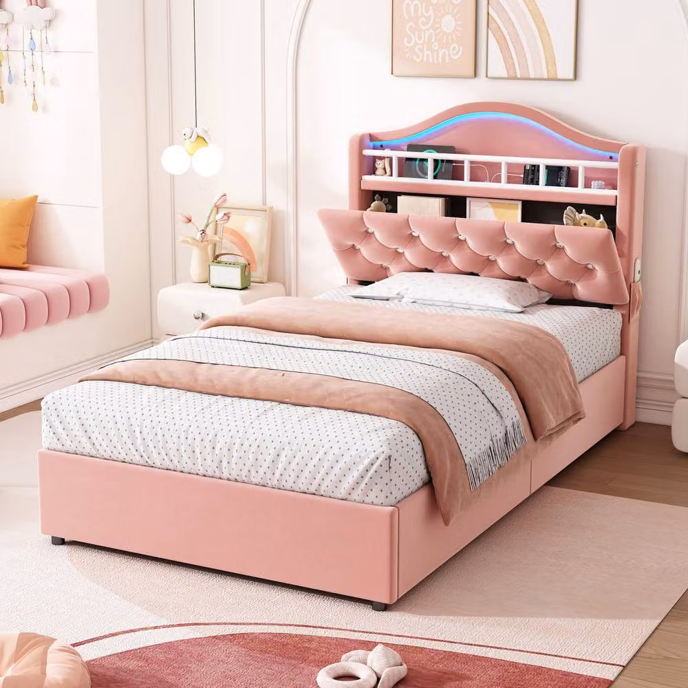 Rolipo Double Pink Velvet Upholstered Hydraulic Bed Frame with LED Under-Bed Lighting and USB Charging Port – 1