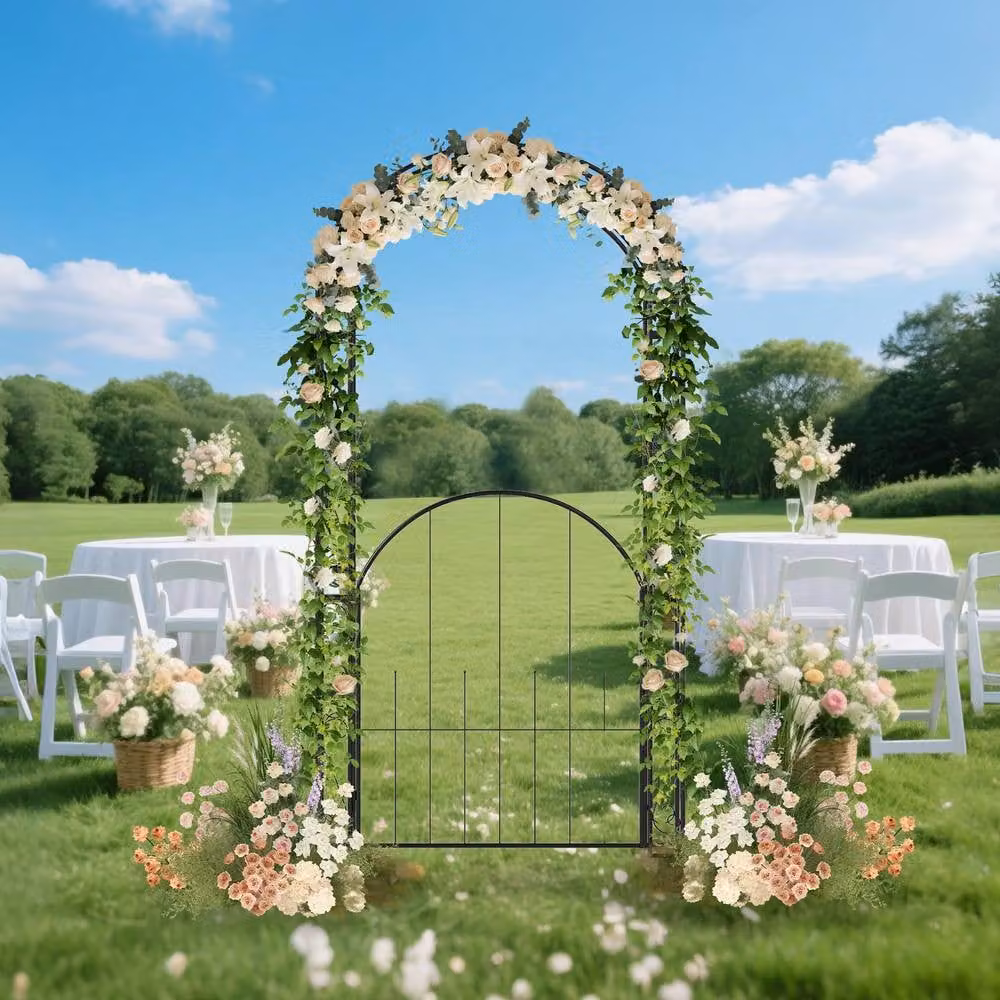 Costway Metal Garden Archway with Gate and Climbing Trellises, Black, Height: 214 cm – 5