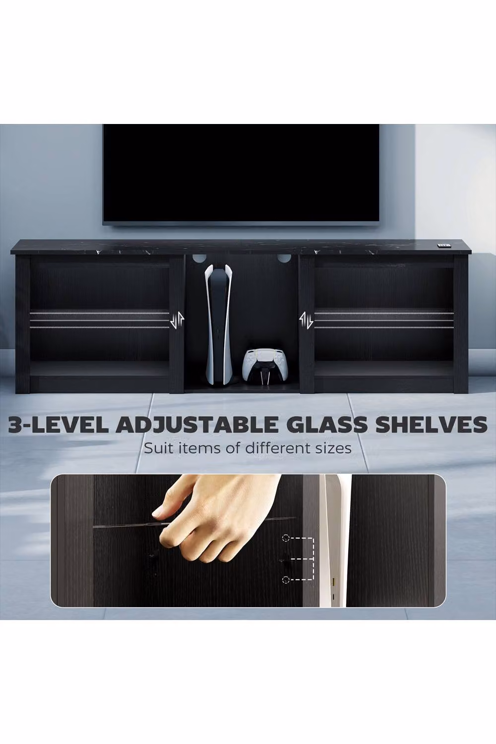 ERGOVEXA 70 inch TV Stand with Integrated LED Lights and Media Compartments, Black, W: 160.0 cm, D: 35.0 cm, H: 51.7 cm – 3