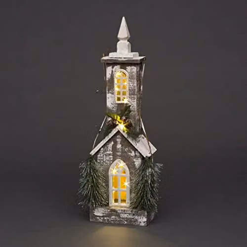 SHATCHI Rustic Wooden Christmas House Tabletop Centrepiece with Berries, Pines and 10 Warm White Bulbs, Height: 52 cm