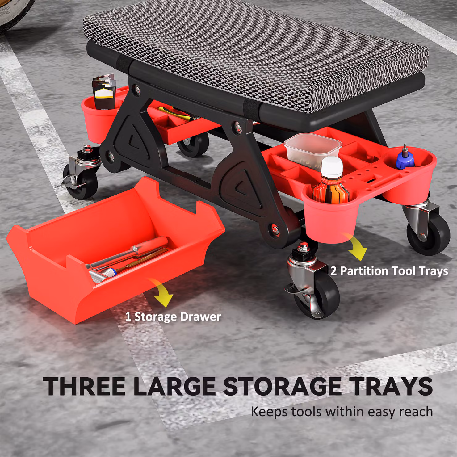 HOMCOM Rolling Mechanic Stool with 360 Degree Swivel, Padded Creeper Seat, Tool Trays and Drawer, Black – 7