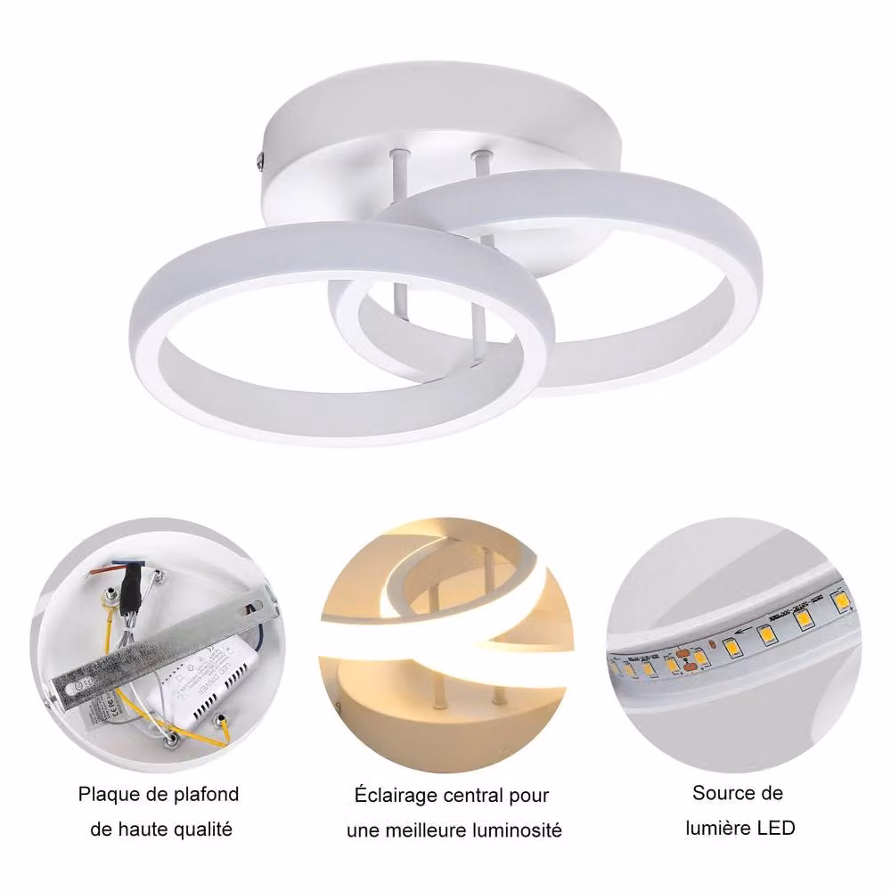 Pheashine Modern White LED Ceiling Light, 22W Warm White Dual Ring Flush Mount – 2
