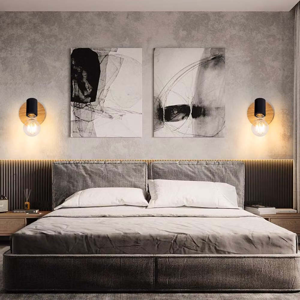 Pheashine Set of 2 Industrial Wood and Metal Wall Sconces in Black and Brown, Height: 11 cm, E27 – 4