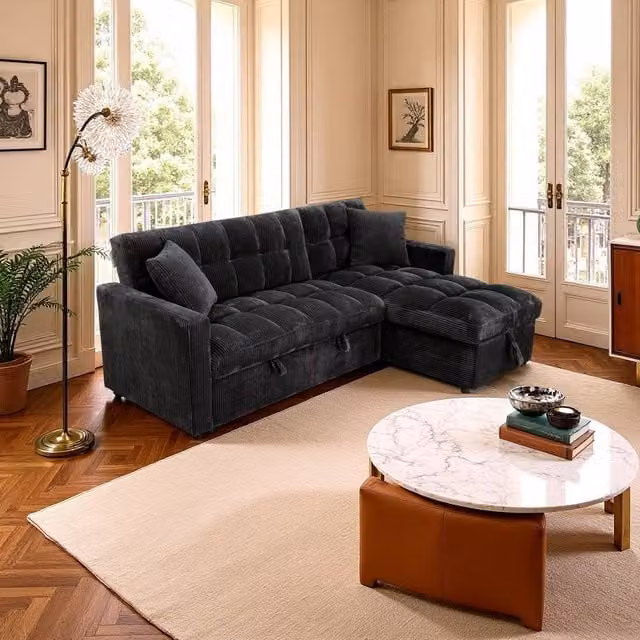 SquareBoxx Modena 3 Seater Sofa Bed with Reversible Storage Chaise in Black Jumbo Cord – 1
