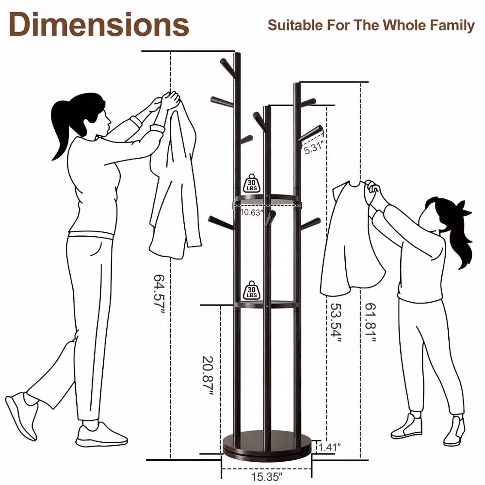 YQJJGL Black Solid Wood Freestanding Coat Rack with 3 Storage Shelves and Hooks, H 164 x W 40 x D 40 cm – 3