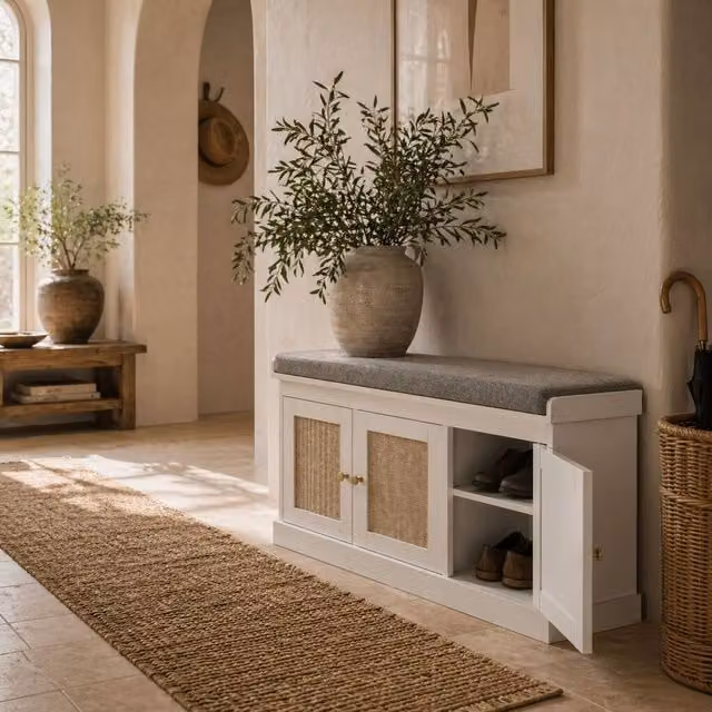 Wyld Haus White Wooden Shoe Bench with 3 Woven Rattan Doors and Grey Padded Seat