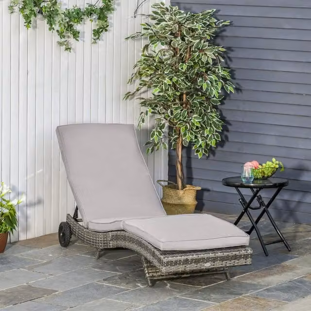 Outsunny Modern Grey PE Wicker Reclining Outdoor Lounge Chair with Castors