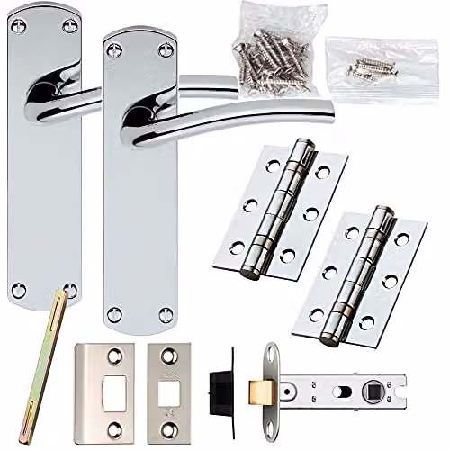 Loops Door Handle and Latch Pack in Chrome with Rounded Arched Lever on Backplate, W/D/H: 170 x 42 mm