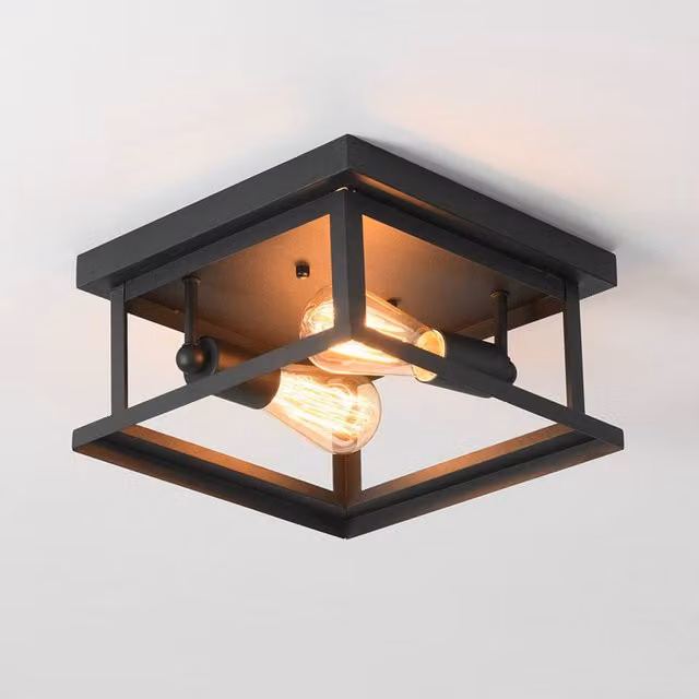 NIVOR Retro Rectangle Industrial 2-Light Flush Mount Ceiling Chandelier in Black