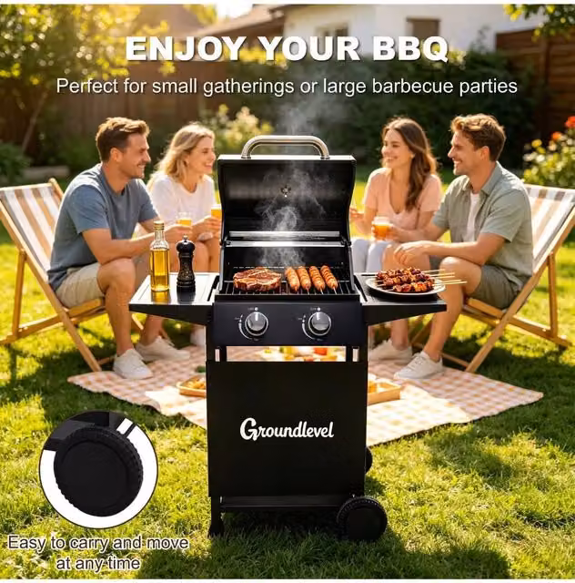 Groundlevel 2 Burner Family Gas BBQ Grill with Side Tables, Black – 1