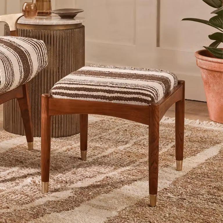 Atkin and Thyme Levi Mid-Century Rectangular Footstool in Brown and White Striped Fabric with Acacia Wood Frame