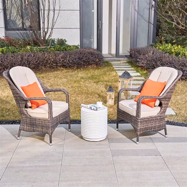 Abrihome Set of 2 Brown Aluminium Wicker Armchairs and Coffee Table