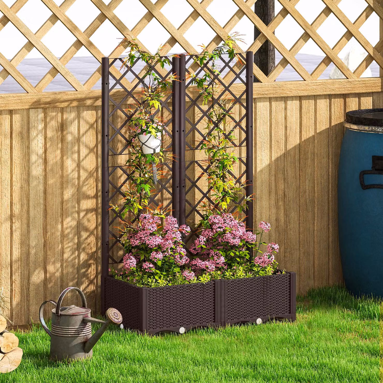 Outsunny Brown Plastic Raised Garden Bed with Trellis and Drainage Holes for Vegetables and Flowers, W/D/H: 123 x 80 x 38 cm – 7