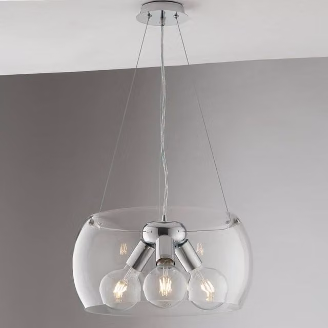 Netlighting EQUATORE 3 Light Cylindrical Pendant Ceiling Light in Transparent Glass and Chrome, W/D/H: 40 x 20 cm
