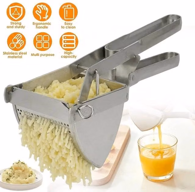 NESTLUNE Heavy Duty Stainless Steel Potato Ricer and Vegetable Masher in Silver with Ergonomic Grip and Fine Mesh